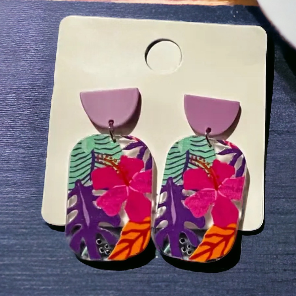 Resin Drop Pink Hibiscus Geometrical Earrings 39$
